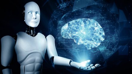 Photo for MLP 3d illustration AI hominoid robot holding virtual hologram screen showing concept of AI brain and artificial intelligence thinking by machine learning process. 3D rendering. - Royalty Free Image