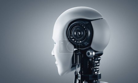 Téléchargez les photos : Illustration 3D MLP Vue arrière de la tête de robot humanoïde AI. Illustration 3D. - en image libre de droit