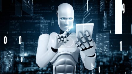 Foto de Ilustración MLP 3D Robot futurista inteligencia artificial huminoide IA programación codificación tecnología desarrollo y aprendizaje automático concepto. Investigación científica biónica robótica para el futuro del ser humano - Imagen libre de derechos