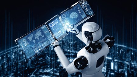 Foto de Ilustración MLP 3D Robot humanoide usando tablet computer para big data analytic usando el cerebro de pensamiento AI, la inteligencia artificial y el proceso de aprendizaje automático para la cuarta cuarta revolución industrial - Imagen libre de derechos