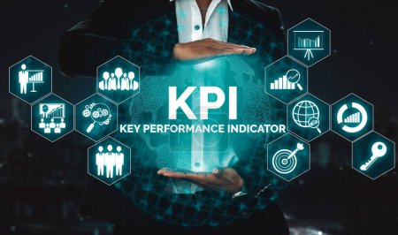 KPI Key Performance Indicator for Business Concept - Modern graphic interface showing symbols of job target evaluation and analytical numbers for marketing KPI management. uds