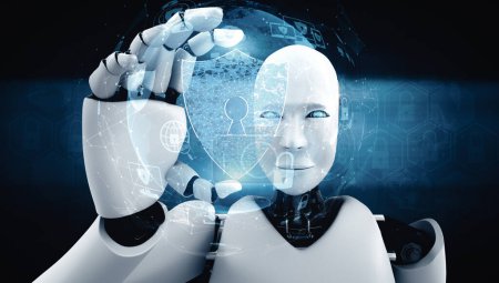 Téléchargez les photos : MLP 3d illustration robot IA utilisant la cybersécurité pour protéger la confidentialité des informations. Concept futuriste de prévention de la cybercriminalité par l'intelligence artificielle et le processus d'apprentissage automatique. rendu 3D - en image libre de droit