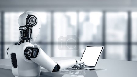 Foto de Ilustración MLP 3D Robot humanoide utilizar el ordenador portátil y sentarse a la mesa en la oficina futura, mientras que el uso de cerebro pensamiento AI, inteligencia artificial y el proceso de aprendizaje automático. Cuarta revolución industrial - Imagen libre de derechos