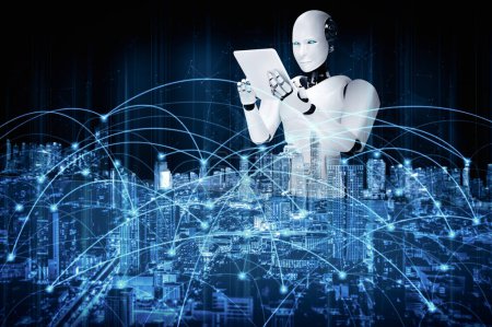 Téléchargez les photos : Illustration 3D MLP Robot humanoïde utilisant un ordinateur tablette pour la connexion au réseau mondial utilisant le cerveau de pensée IA, l'intelligence artificielle et le processus d'apprentissage automatique pour la 4e révolution industrielle. 3D - en image libre de droit