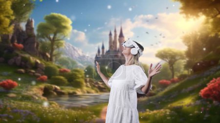 Photo for Excited smiling woman looking via VR getting fresh air in fairytale forest at fantasy castle with snowfall in mysterious metaverse magical world in natural wild jungle palace wonderland. Contraption. - Royalty Free Image
