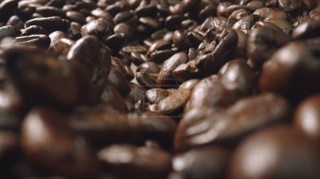 Plan macro de plan au ralenti super de grains de café frais placés avec un fond noir. Gros plan des piles de graines de café torréfiées aromatiques entourées. Macrographie. Des haricots éparpillés. Comestible.