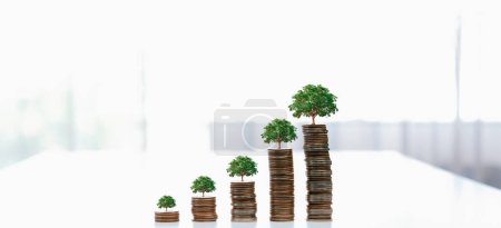 Téléchargez les photos : La pile de pièces de croissance avec arbre sur le dessus symbolise l'investissement des entreprises vertes sur la RSE ou l'ESG pour la protection de l'environnement. Les gens d'affaires qui font de la planification financière pour archiver la durabilité zéro nette. Perspicace - en image libre de droit