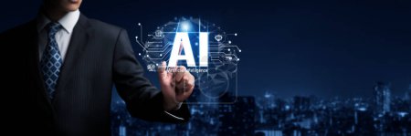 Los seres humanos interactúan con el procesador cerebral de inteligencia artificial de IA en concepto de ingeniería de inteligencia artificial de IA, big data y aprendizaje automático de IA para usar la IA generativa como soporte empresarial. Faas.