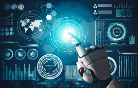 Téléchargez les photos : MLP 3D rendant futuriste développement de la technologie de robot droïde, intelligence artificielle IA, et concept d'apprentissage automatique. Recherche mondiale en sciences bioniques robotiques pour l'avenir de la vie humaine. - en image libre de droit