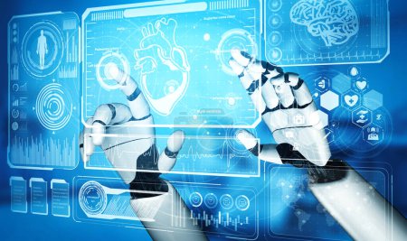 Téléchargez les photos : MLP 3D rendant robot d'intelligence artificielle médicale travaillant dans le futur hôpital. Prothèse de santé futuriste pour les patients et concept de technologie biomédicale. - en image libre de droit