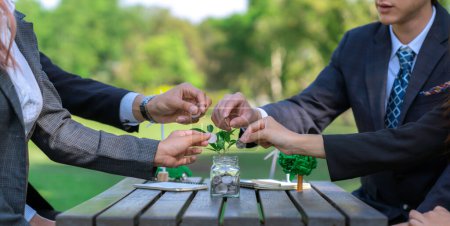 Photo for Business people put coin to money saving glass jar on outdoor table as sustainable money growth investment or eco-subsidize. Green corporate promot and invest in environmental awareness. Gyre - Royalty Free Image