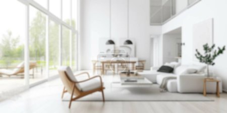 Foto de Foto desenfocada de un espacio de vida de estilo escandinavo luminoso y aireado con un diseño minimalista. Resplandeciente. - Imagen libre de derechos