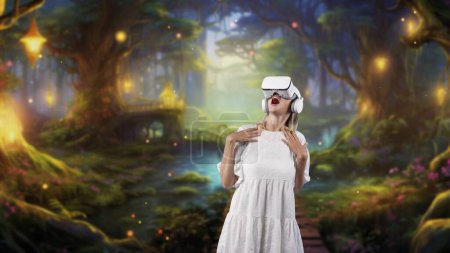 Smiling woman looking by VR surround wonderful fairytale forest wonderland in bokeh neon snowfall at steam water backside meta magical world mysterious magic greenery at fantasy night. Contraption.