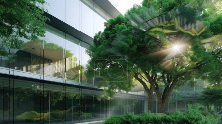 Foto de La imagen de la estructura de vidrio o espejo que reflejan todo lo contrario como el árbol, el edificio ha sido rodeado con una gran cantidad de árboles verdes, el espejo refleja la luz del sol. AIG43. - Imagen libre de derechos