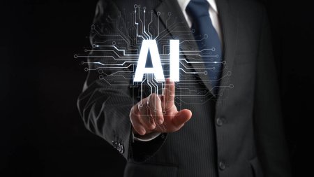 Human interact with AI artificial intelligence brain processor in concept of AI artificial intelligence engineering, big data and AI machine learning to use generative AI for business support. Faas