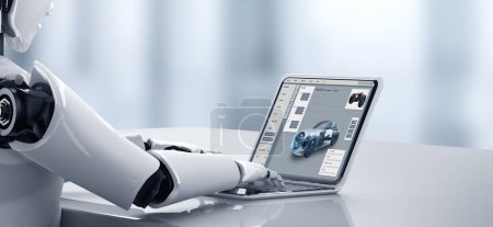 Software de diseño de automóviles eléctricos en la pantalla del ordenador que muestra el plan de simulación cómodamente mediante la aplicación de cálculo digital para la preparación de la fabricación Ilustración 3D