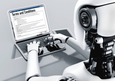 Contrato legal digital proporcionar términos y condiciones documento en la pantalla del ordenador listo para la firma digital en línea para el acuerdo de acuerdo de negocio futuro cómodamente ilustración 3D