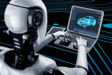 Software de diseño de automóviles eléctricos en la pantalla del ordenador que muestra el plan de simulación cómodamente mediante la aplicación de cálculo digital para la preparación de la fabricación Ilustración 3D