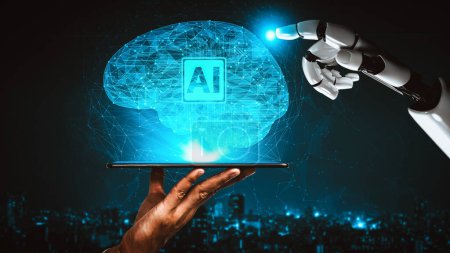 Téléchargez les photos : MLB 3D rendant l'intelligence artificielle IA recherche de robot droïde et le développement de cyborg pour l'avenir des personnes vivant. Conception de technologies numériques d'exploration de données et d'apprentissage automatique pour cerveau d'ordinateur. - en image libre de droit
