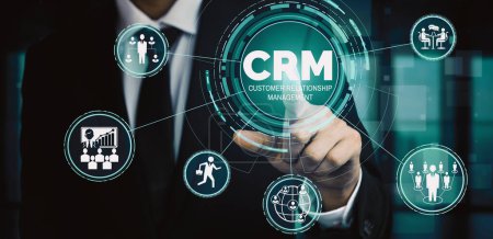 CRM Customer Relationship Management für Business Sales Marketing Systemkonzept präsentiert in futuristischer grafischer Oberfläche der Service-Anwendung zur Unterstützung der CRM-Datenbankanalyse. uds