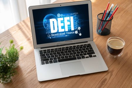Finanzas descentralizadas o concepto de DeFi en la pantalla de la computadora moderna. El sistema defi ofrece nuevas opciones de inversión y ahorro de dinero .