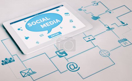 Concepto de redes sociales y redes de jóvenes. Interfaz gráfica moderna que muestra la red de conexión social en línea y los canales de medios para interactuar con el cliente en el negocio digital.