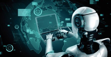 Foto de MLB 3d illustration Futuro control de la tecnología financiera por robot AI huminoide utiliza el aprendizaje automático y la inteligencia artificial para analizar los datos de negocios y dar asesoramiento sobre la inversión y el comercio - Imagen libre de derechos