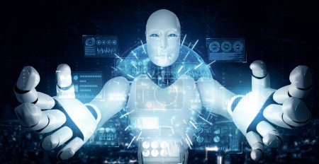 Téléchargez les photos : MLB 3d illustration robot humanoïde AI tenant écran holographique virtuel montrant le concept d'analyse de mégadonnées en utilisant la pensée de l'intelligence artificielle par processus d'apprentissage automatique. Illustration 3D. - en image libre de droit