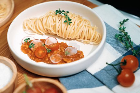 Photo for Delicious foods special menu homemade preparing station spaghetti with minced meat top tomato sauce and basil shooting placing elements serving with chef table surround decorative spices. Postulate. - Royalty Free Image