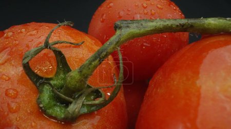Macrographie, tomates nichées dans un panier en bois rustique sont exposées sur un fond noir dramatique. Chaque gros plan capture les riches couleurs et textures des tomates. Comestible.