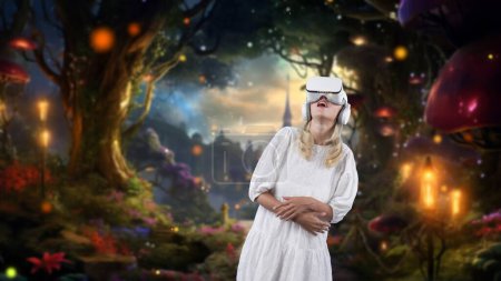 Smiling woman looking by VR surround wonderful fairytale forest wonderland in bokeh neon falling at castle meta world like mystery magic greenery fantasy town imaginary bright sun light. Contraption.