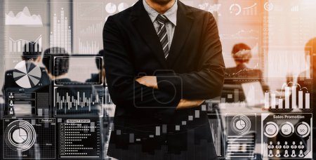 Big Data Technology for Business Finance Analytic Concept (en inglés). La interfaz moderna muestra información masiva del informe de venta de negocios, gráfico de ganancias y análisis de tendencias del mercado de valores en el monitor de pantalla. BARROS