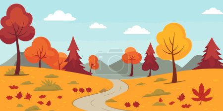Téléchargez les illustrations : Beau paysage d'automne avec arbres, montagnes, champs, feuilles. Paysage rural. Fond d'automne. Illustration vectorielle - en licence libre de droit