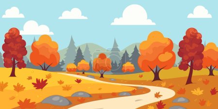 Ilustración de Hermoso paisaje otoñal con árboles, montañas, campos, hojas. Paisaje rural. Fondo de otoño. Ilustración vectorial - Imagen libre de derechos